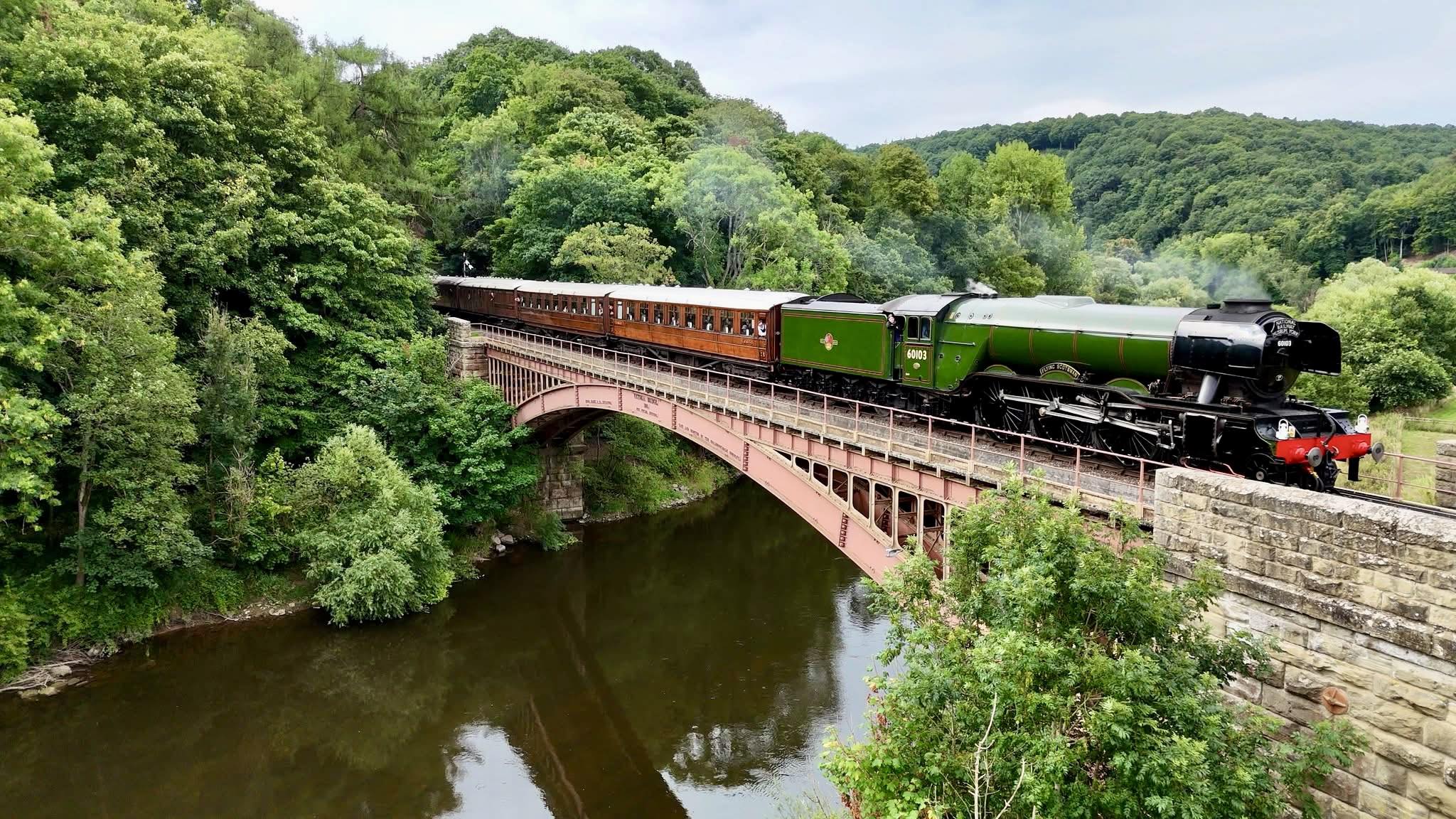 Flying Scotsman drone video over Victoria Bridge, Arley